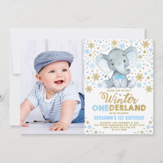 ワイルドワンウィンターワンダーランドエレファントボーイ誕生日 招待状 (正面)