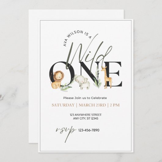 ワイルドワンウォーターカラーアニマルファースト誕生日 招待状 (正面/裏面)