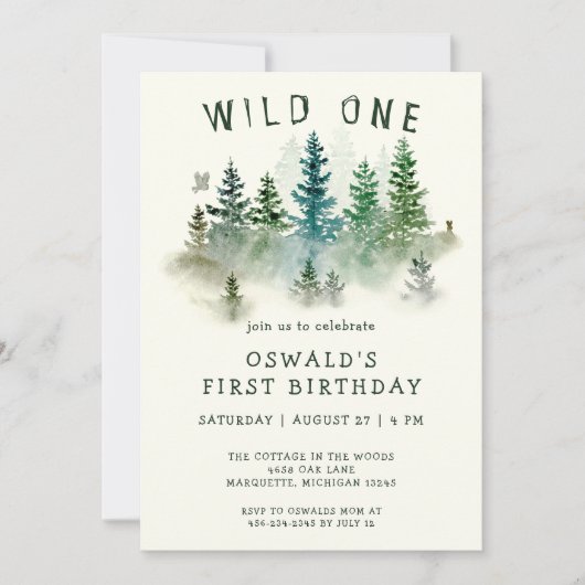 ワイルドワンウォーターカラーウッドランドアニマルズ1st誕生日 招待状 (正面)