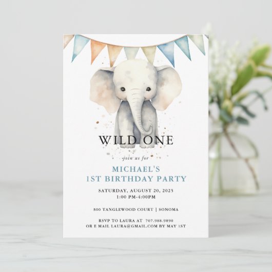 ワイルドワンウォーターカラーエレファントブルー1歳の誕生日 招待状 (スタンド正面)