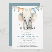 ワイルドワンウォーターカラーエレファントブルー1歳の誕生日 招待状 (正面/裏面)