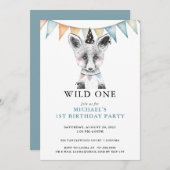ワイルドワンウォーターカラーキツネブルー1st誕生日 招待状 (正面/裏面)