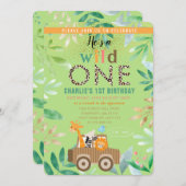 ワイルドワンウォーターカラーサファリアニマルズ1st誕生日 招待状 (正面/裏面)