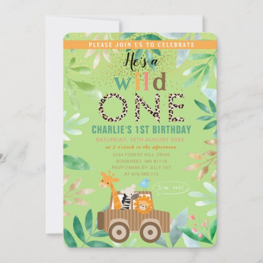 ワイルドワンウォーターカラーサファリアニマルズ1st誕生日 招待状 (正面)