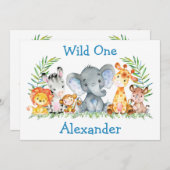 ワイルドワンウォーターカラーサファリ動物1st誕生日 招待状 (正面/裏面)