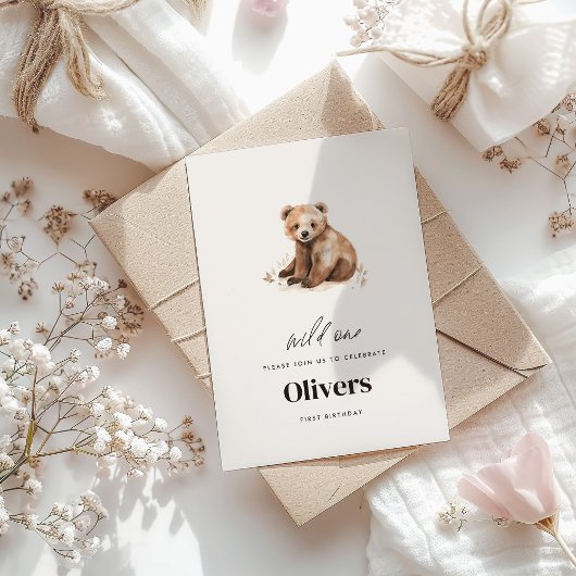 ワイルドワンウォーターカラーベア1歳の誕生日モダン 招待状