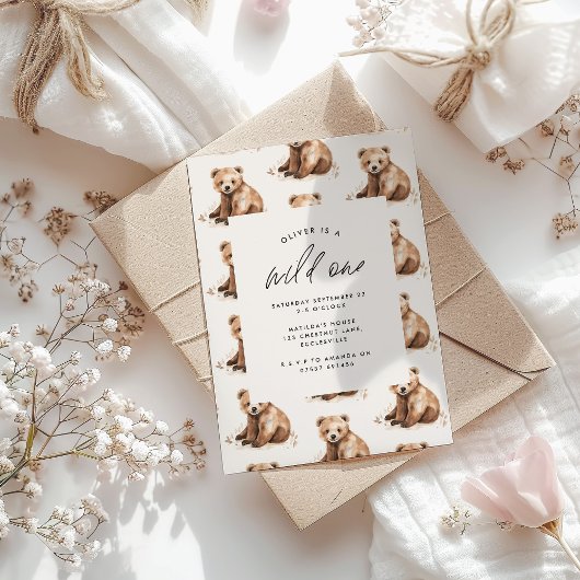 ワイルドワンウォーターカラーベア1歳の誕生日モダン 招待状