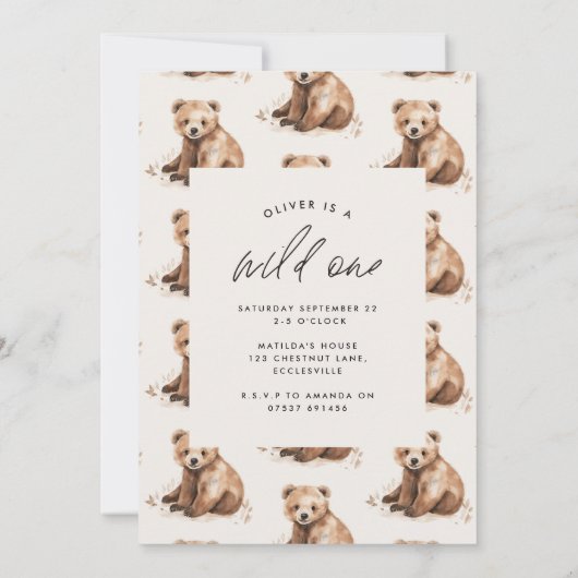 ワイルドワンウォーターカラーベア1歳の誕生日モダン 招待状 (裏面)