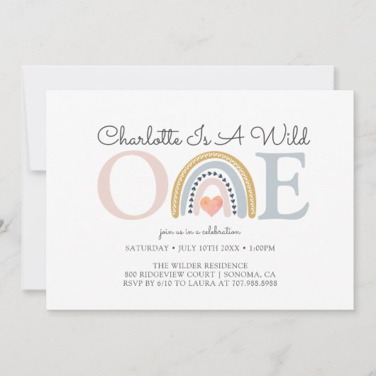 ワイルドワンウォーターカラーレインボーガールズファースト誕生日 招待状 (正面)