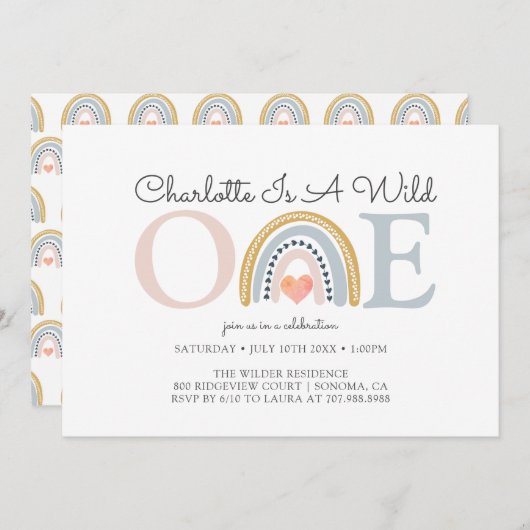 ワイルドワンウォーターカラーレインボーガールズファースト誕生日 招待状 (正面/裏面)