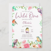 ワイルドワンウォーターカラー小さな女の子バードファースト誕生日 招待状 (正面)