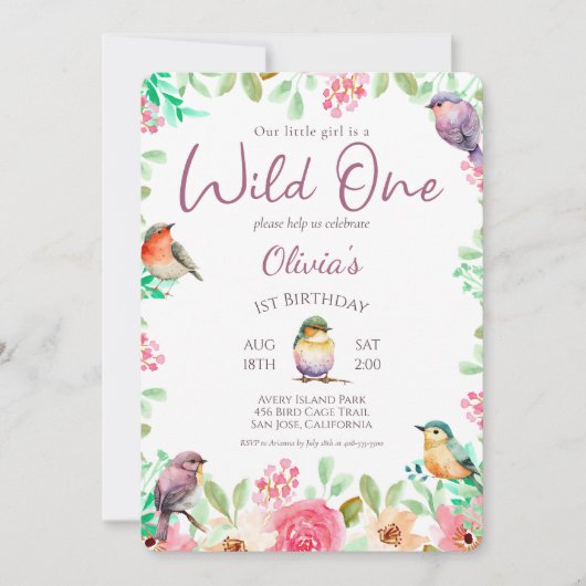 ワイルドワンウォーターカラー小さな女の子バードファースト誕生日 招待状 (正面)