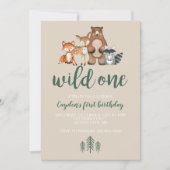 ワイルドワンウッドランドアニマルファースト誕生日招待状 招待状 (正面)