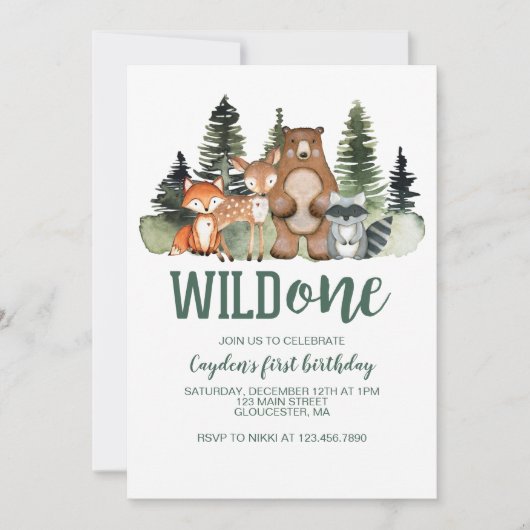 ワイルドワンウッドランドアニマルファースト誕生日 招待状 (正面)
