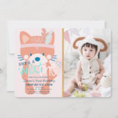 ワイルドワンウッドランドキツネガールフォトピンク1歳 招待状 (正面)