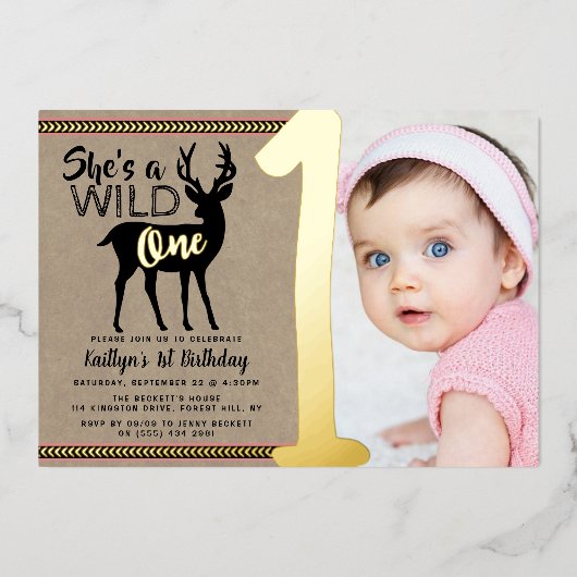 ワイルドワンウッドランドディアガールズ1歳実在誕生日 箔招待状 (正面)