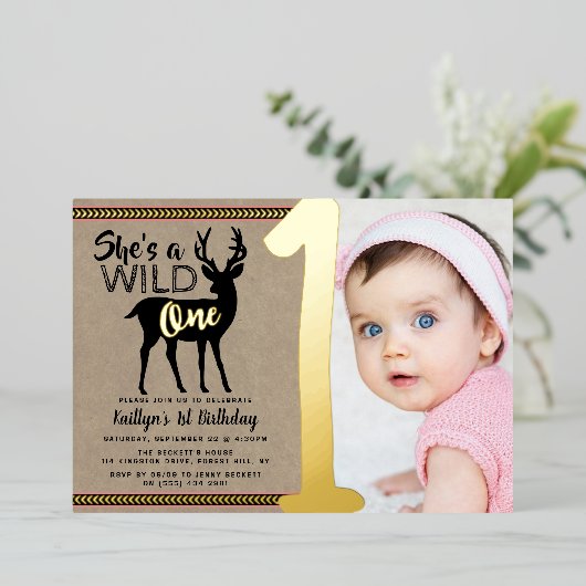 ワイルドワンウッドランドディアガールズ1歳実在誕生日 箔招待状 (立ち正面)