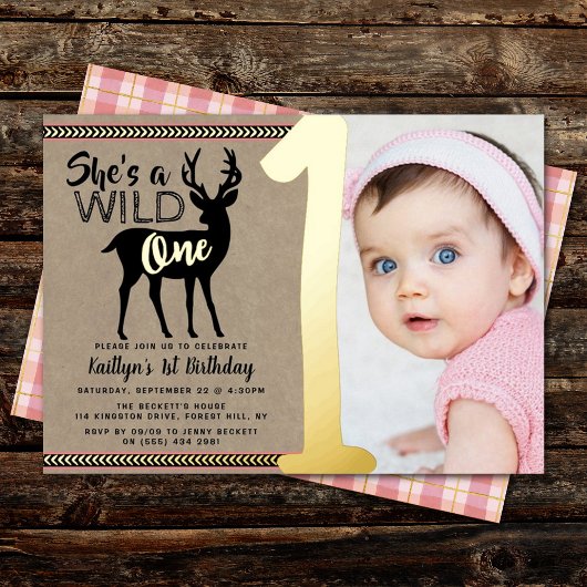ワイルドワンウッドランドディアガールズ1歳実在誕生日 箔招待状