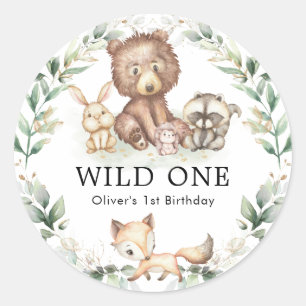 ワイルドワンウッドランドフォレストアニマルズグリーンリー誕生日 ラウンドシール