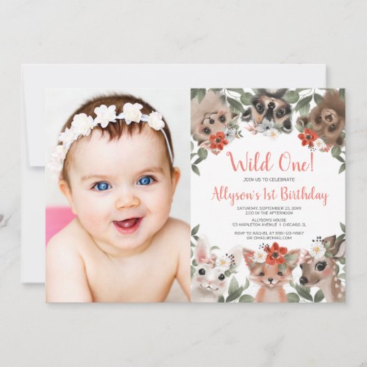 ワイルドワンウッドランド動物の女の子1歳の誕生日の写真 招待状 (正面)