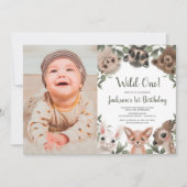 ワイルドワンウッドランド動物の男の子1歳の誕生日の写真 招待状 (正面)