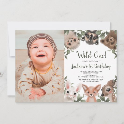 ワイルドワンウッドランド動物の男の子1歳の誕生日の写真 招待状 (正面)