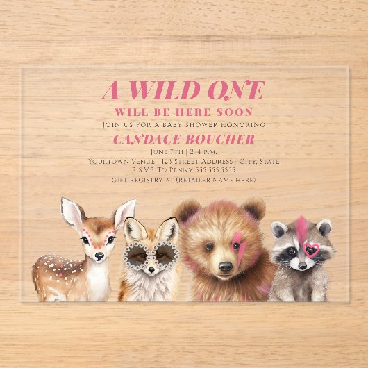 ワイルドワンウッドランド動物フェスティバルベビーシャワー アクリル招待状 (正面)