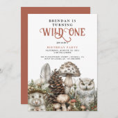 ワイルドワンウッドランド動物少年1歳の誕生日 招待状 (正面/裏面)