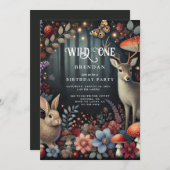 ワイルドワンウッドランド動物少年1歳の誕生日 招待状 (正面/裏面)