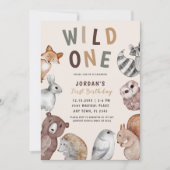 ワイルドワンウッドランド動物最初の誕生日パーティー 招待状 (正面)