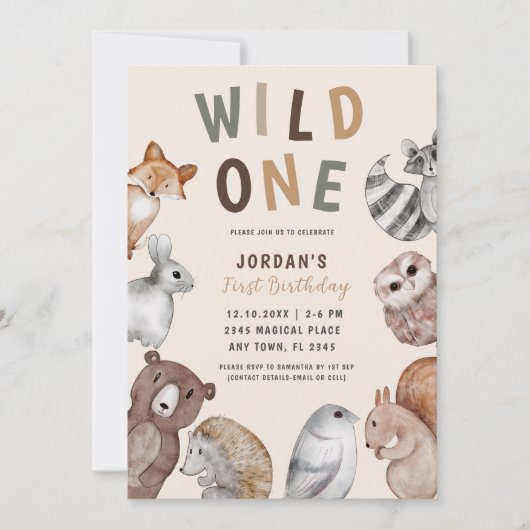ワイルドワンウッドランド動物最初の誕生日パーティー 招待状 (正面)