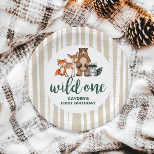 ワイルドワンウッドランド動物樺の木ツリーファースト誕生日 ペーパープレート