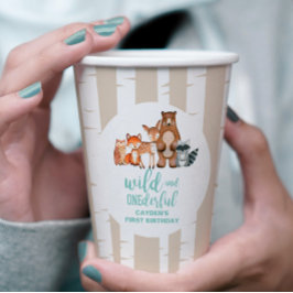 ワイルドワンウッドランド動物樺の木ツリーファースト誕生日 紙コップ