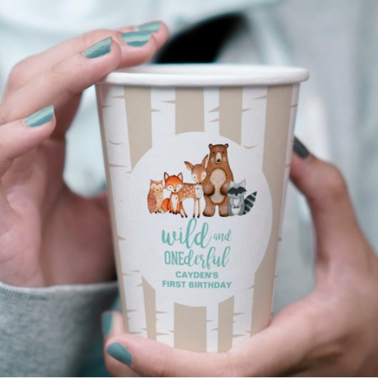 ワイルドワンウッドランド動物樺の木ツリーファースト誕生日 紙コップ