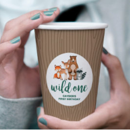 ワイルドワンウッドランド動物樺の木ツリーファースト誕生日 紙コップ