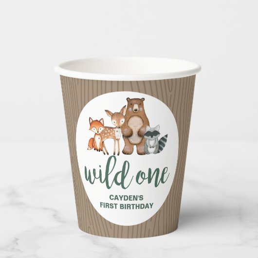 ワイルドワンウッドランド動物樺の木ツリーファースト誕生日 紙コップ (正面)