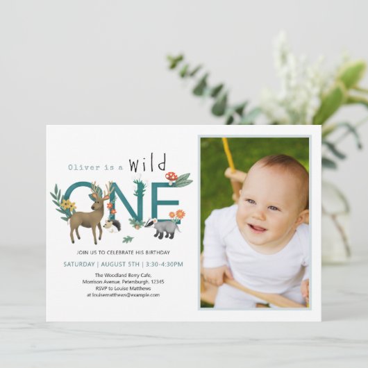 ワイルドワンウッドランド動物1st誕生日の写真 招待状 (スタンド正面)