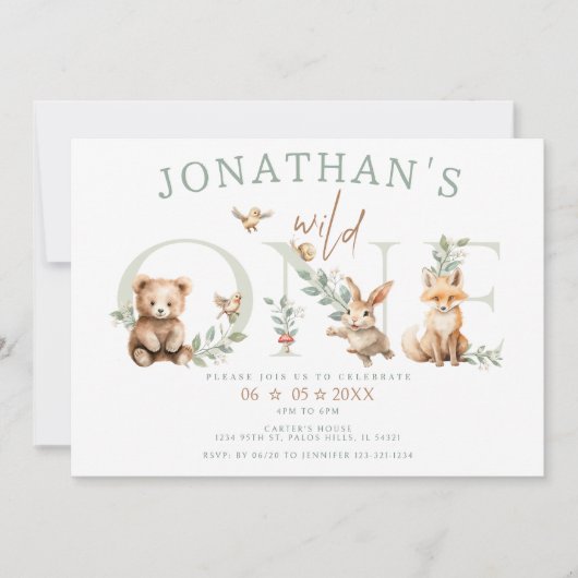 ワイルドワンウッドランド森林動物1stバースデーボーイ 招待状 (正面)
