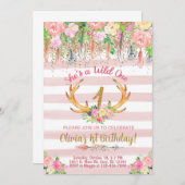 ワイルドワンウッドランド〔雄ジカの〕枝角女の子の誕生日招待状。 招待状 (正面/裏面)