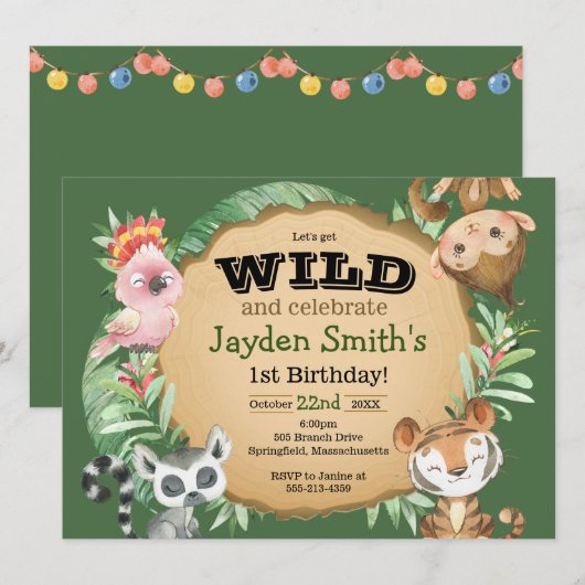 ワイルドワンエキゾチック動物誕生日招待状 カード (正面/裏面)