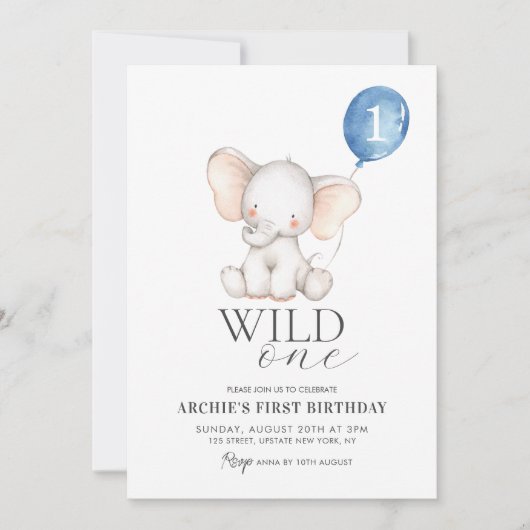 ワイルドワンエレファントウォーターカラーボーイズ1st誕生日 招待状 (正面)