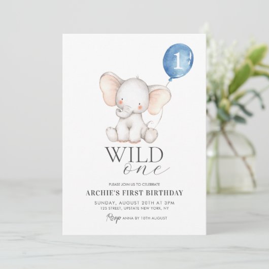 ワイルドワンエレファントウォーターカラーボーイズ1st誕生日 招待状 (スタンド正面)