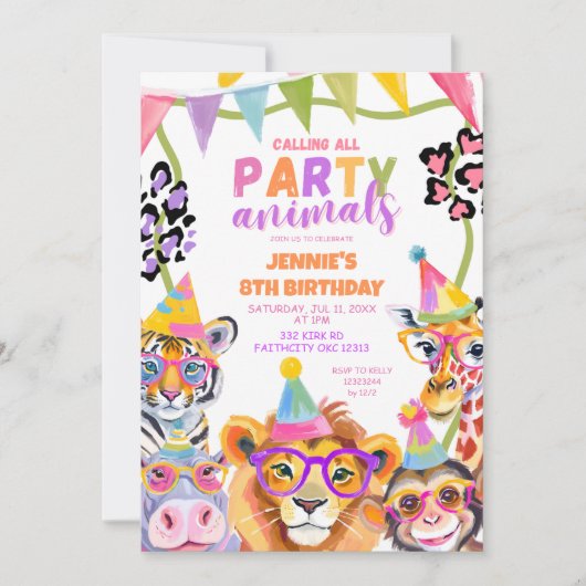 ワイルドワンカラフルサファリアニマルズ誕生日 招待状 (正面)