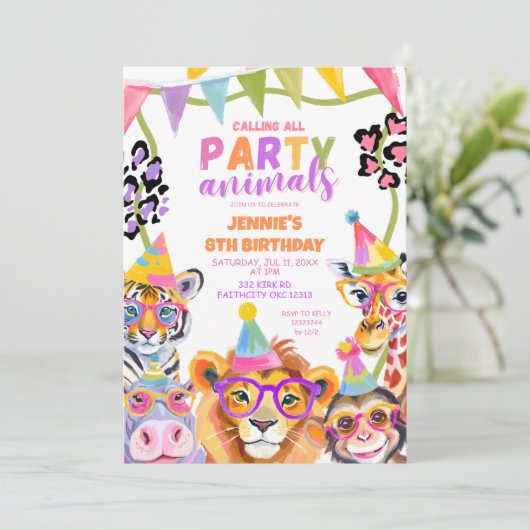 ワイルドワンカラフルサファリアニマルズ誕生日 招待状 (スタンド正面)