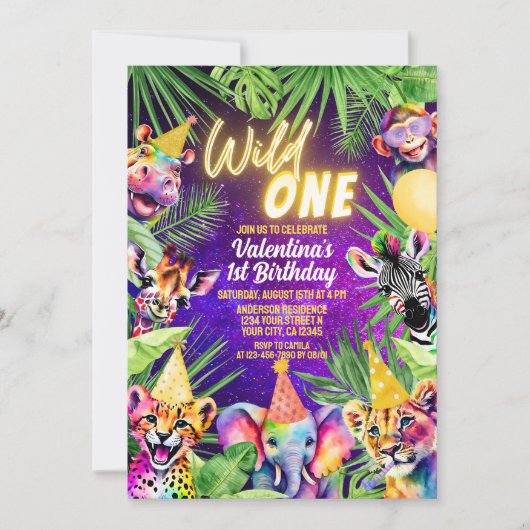 ワイルドワンカラフルサファリ動物1歳の誕生日 招待状 (正面)