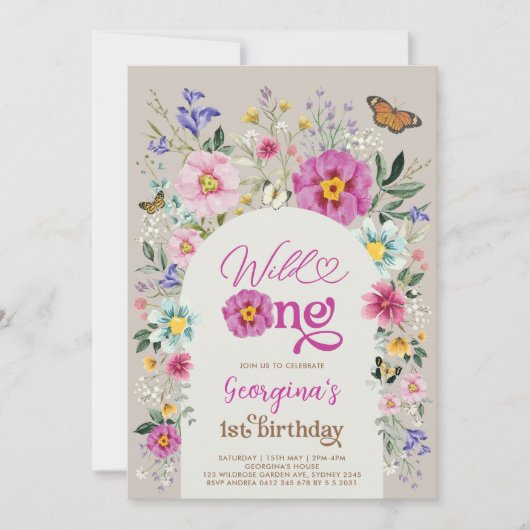 ワイルドワンカラフルボホワイルドフラワー1st誕生日 招待状 (正面)