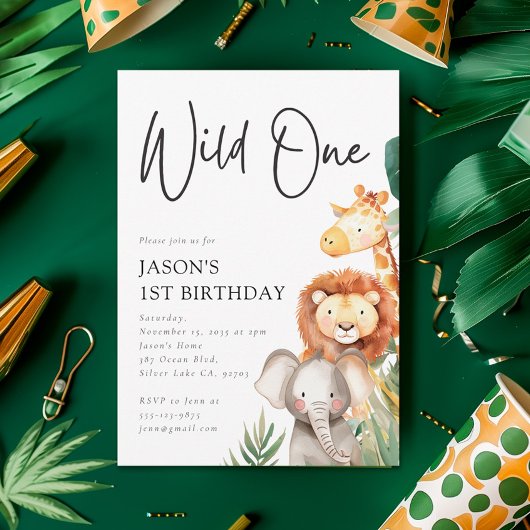 ワイルドワンカワイイなサファリ動物1歳の誕生日 招待状