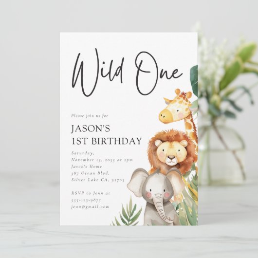ワイルドワンカワイイなサファリ動物1歳の誕生日 招待状 (スタンド正面)