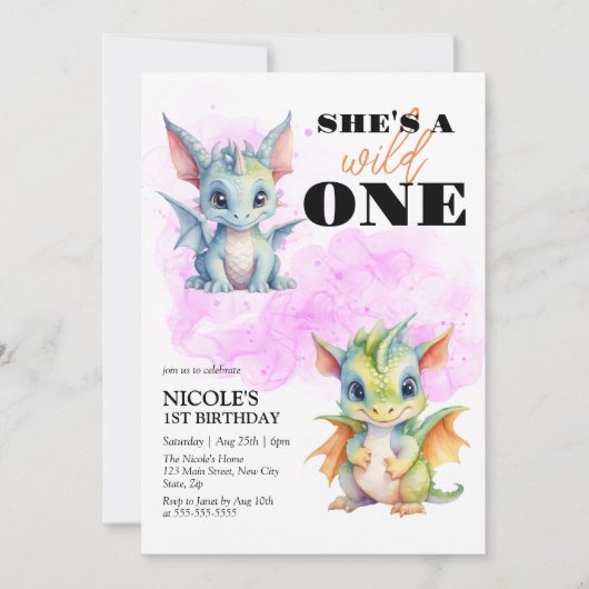 ワイルドワンカワイイベビードラゴンファンタジー1st誕生日 招待状 (正面)
