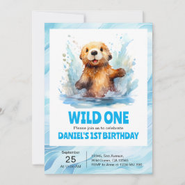 ワイルドワンカワイイベビー海のオッターインウォーター1st誕生日 招待状